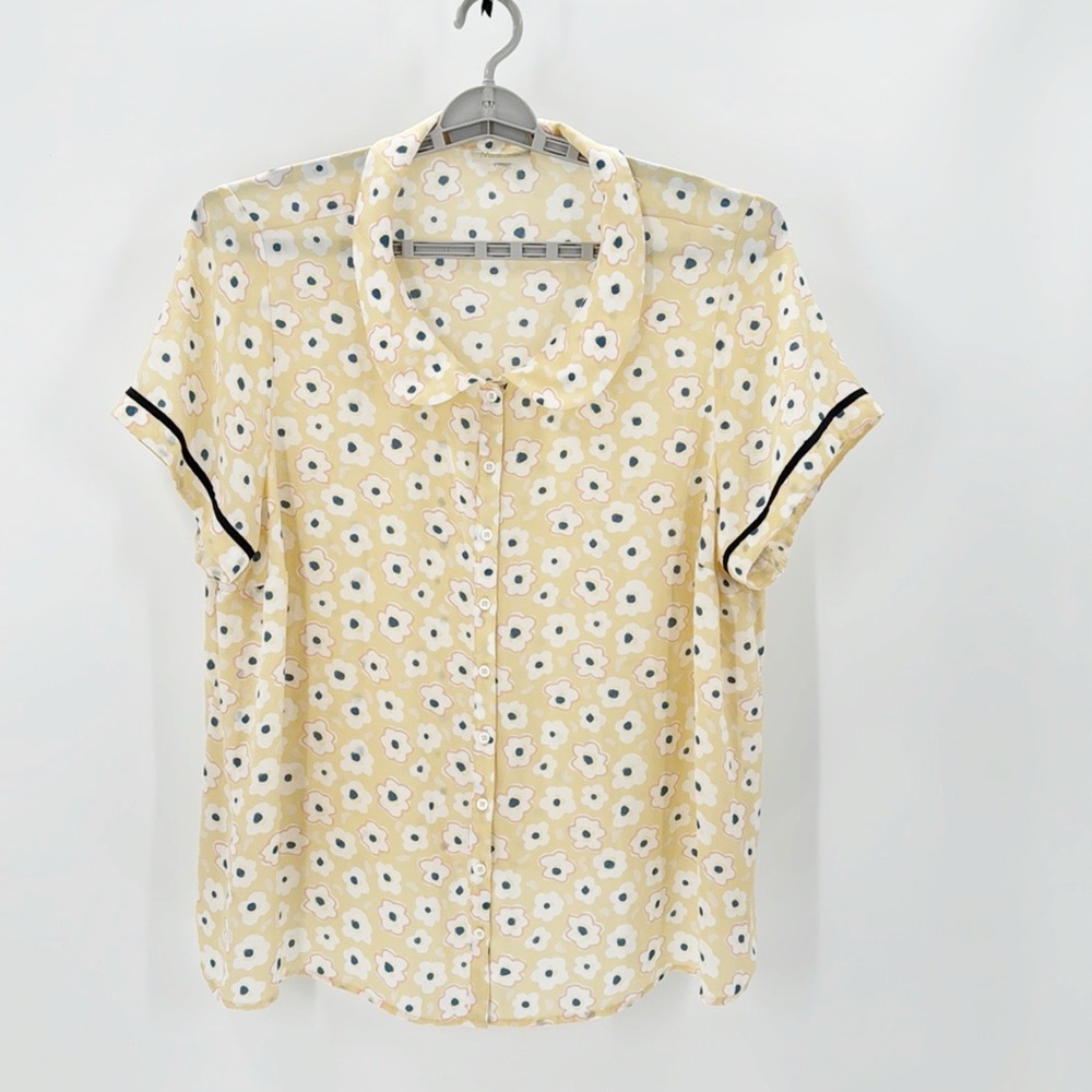 Modcloth Yellow Floral Button-Up Top with Black Trim